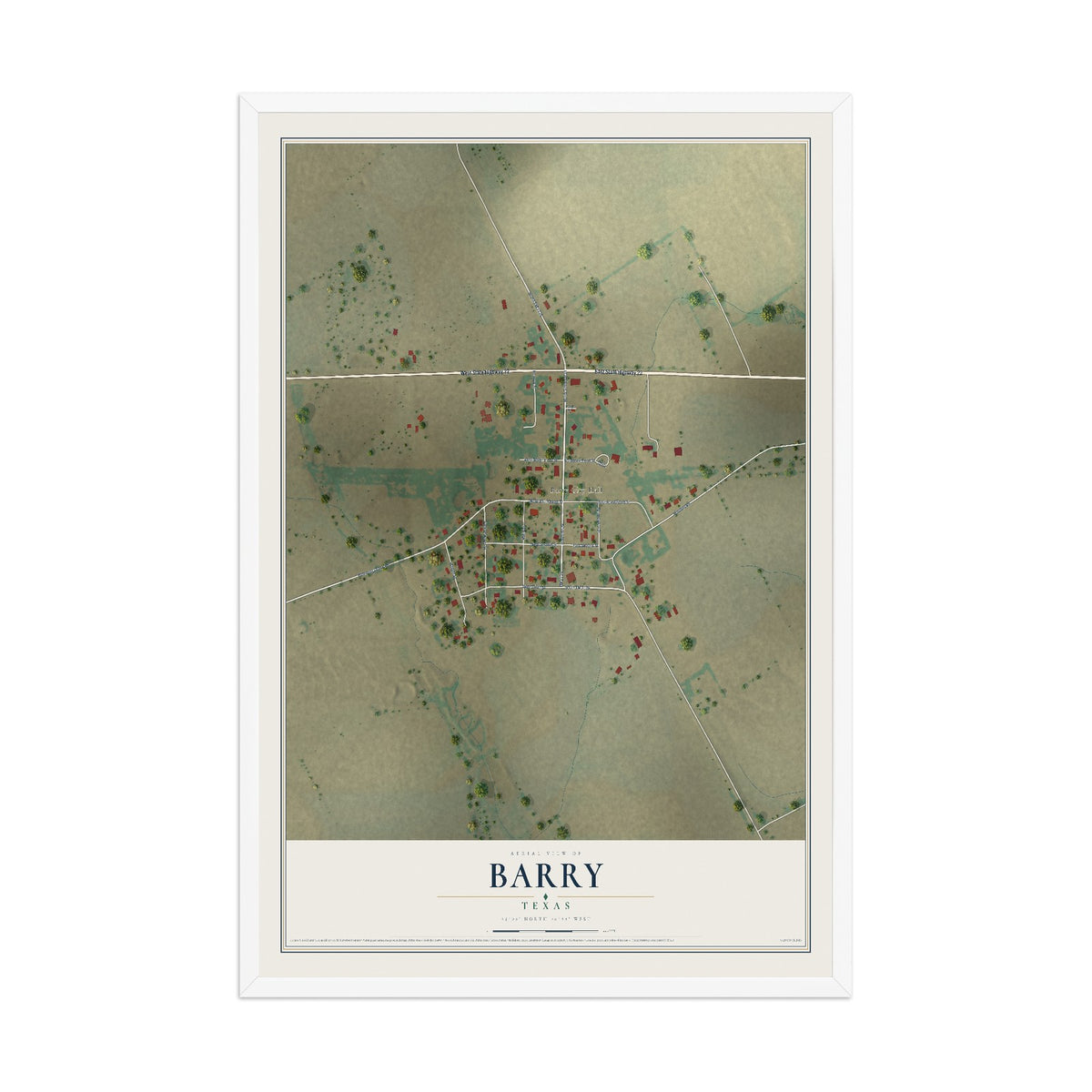 Map of Barry, Texas, 12 x 18 inch print in a white wood frame