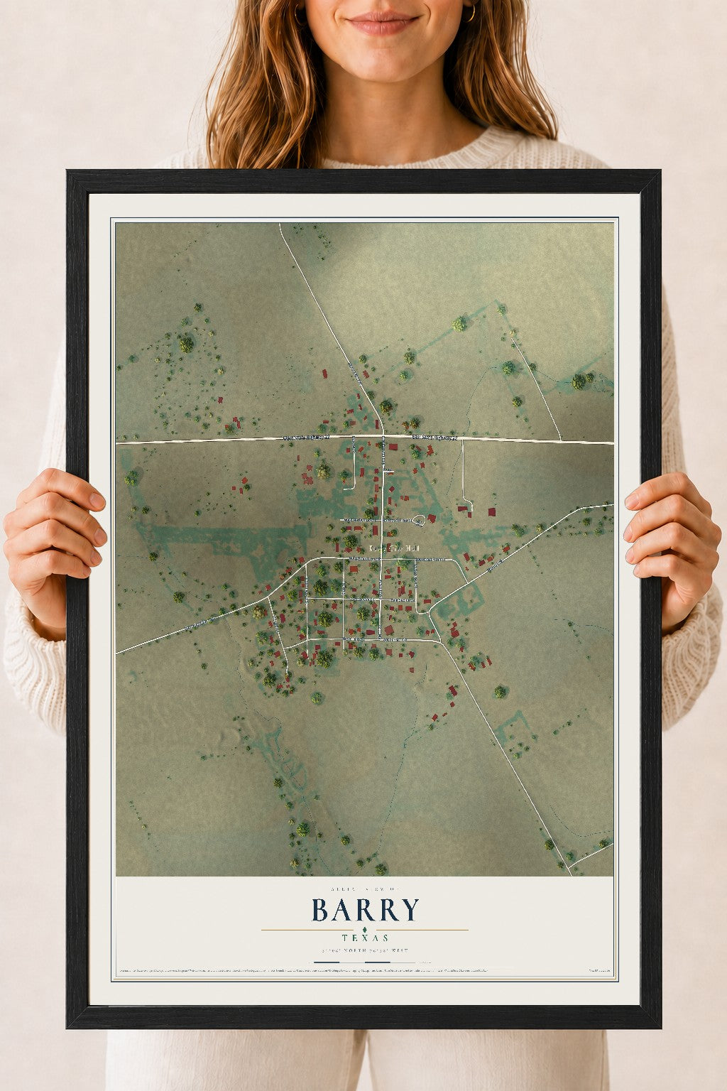 Map of Barry, Texas, 18 x 24 inch print in a black wood frame