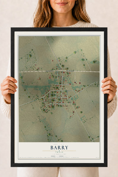 Map of Barry, Texas, 18 x 24 inch print in a black wood frame