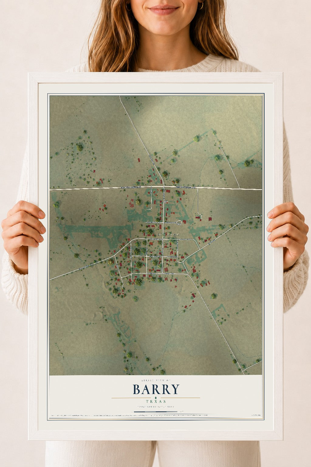 Map of Barry, Texas, 18 x 24 inch print in a white wood frame