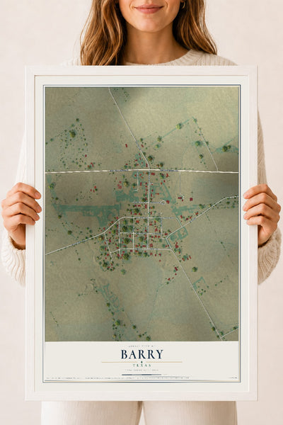Map of Barry, Texas, 18 x 24 inch print in a white wood frame