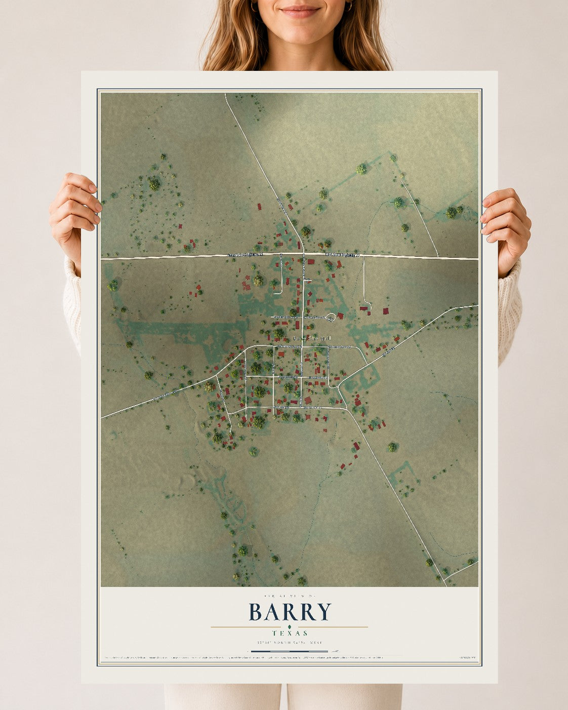 Map of Barry, Texas, 24 x 36 inch unframed archival matte print