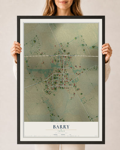 Map of Barry, Texas, 24 x 36 inch print in a black wood frame