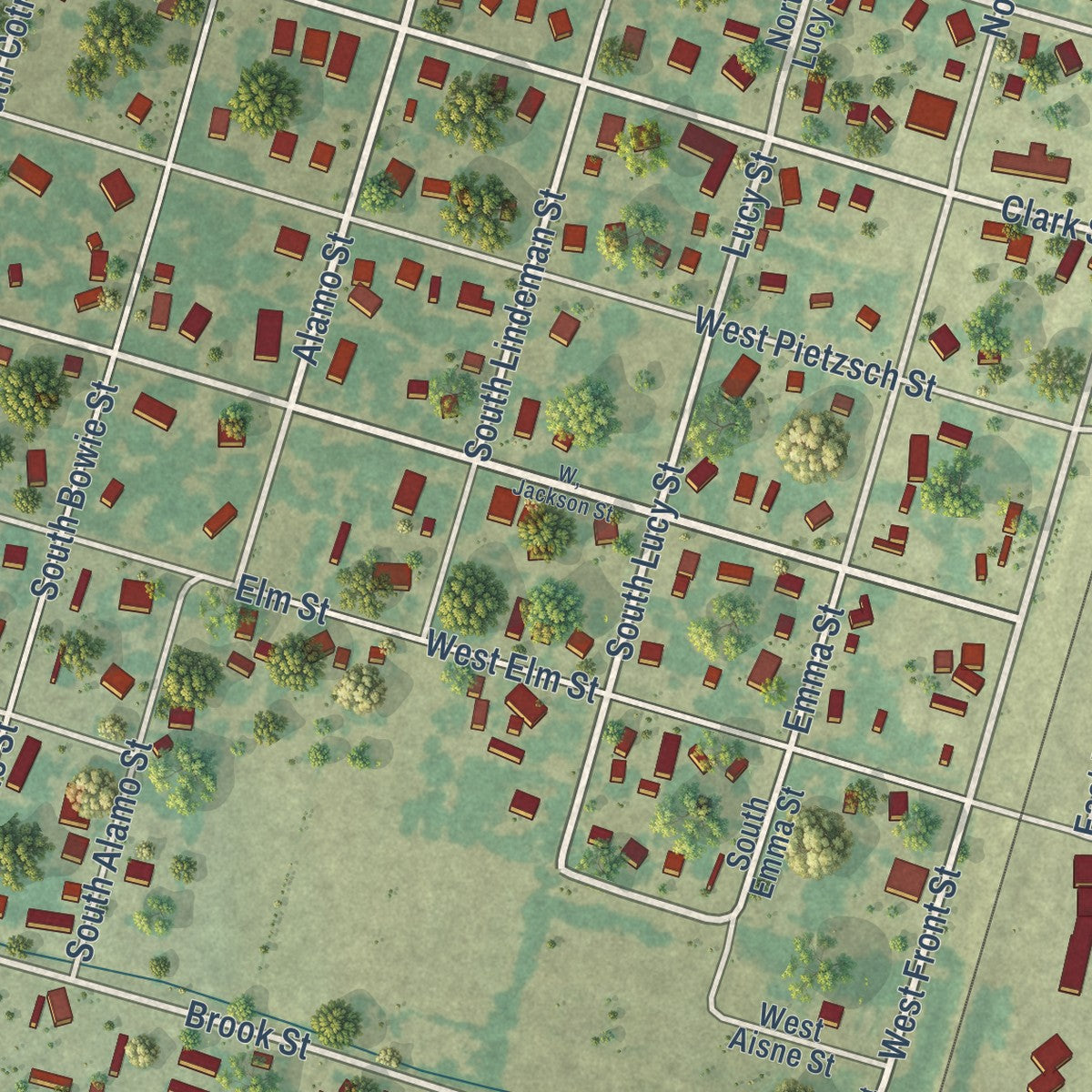 Close-up of the map of Bartlett, Texas print showing street and building detail
