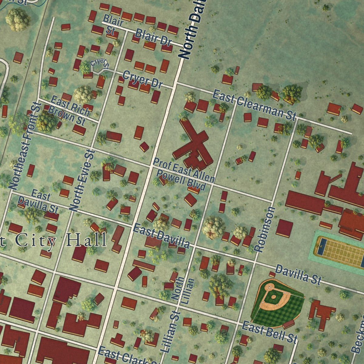 Second close-up of the map of Bartlett, Texas print showing more streets and buildings