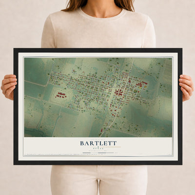 Map of Bartlett, Texas, 12 x 18 inch print in a black wood frame