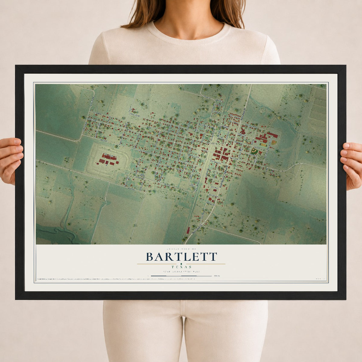 Map of Bartlett, Texas, 18 x 24 inch print in a black wood frame