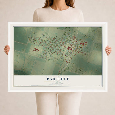 Map of Bartlett, Texas, 24 x 36 inch print in a white wood frame