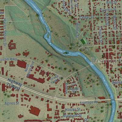 Close-up of the map of Bastrop, Texas print showing street and building detail