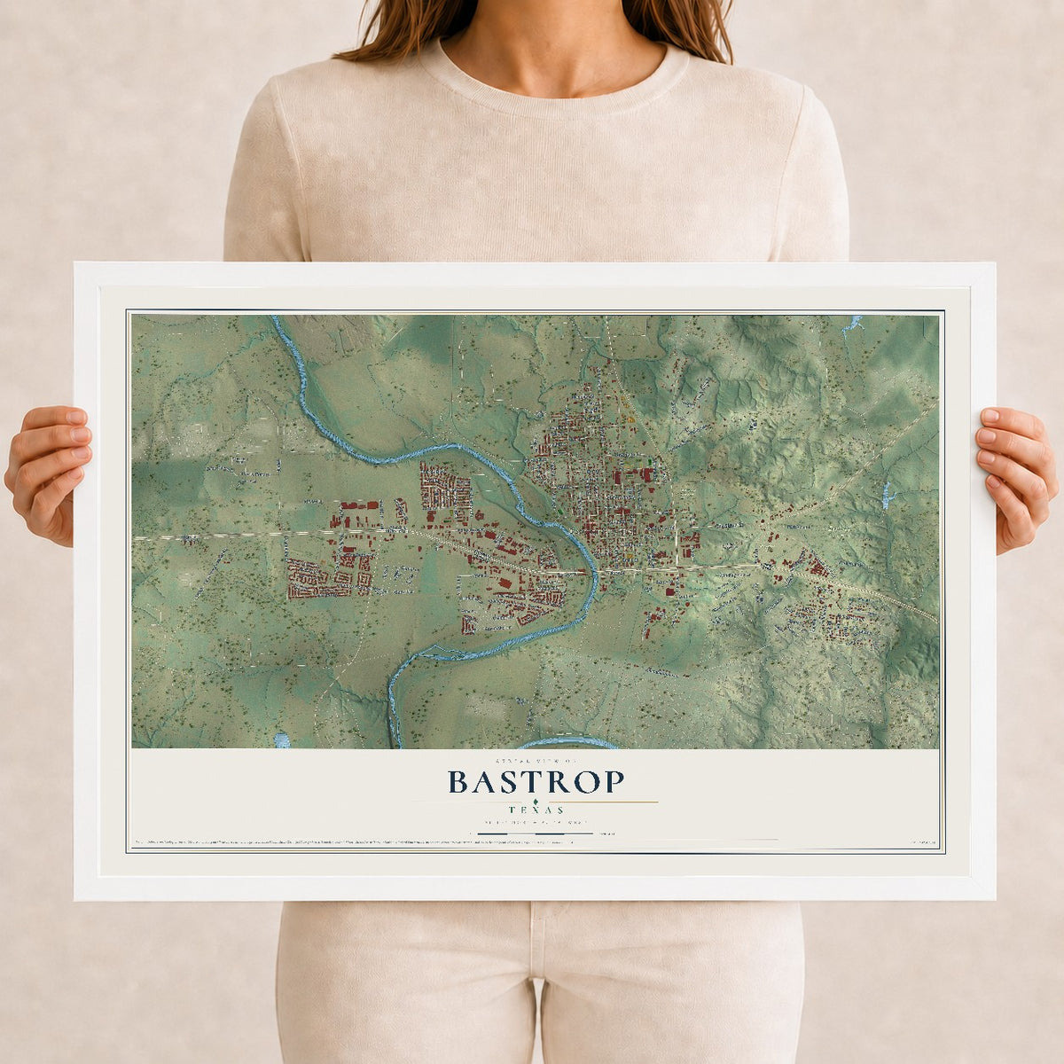 Map of Bastrop, Texas, 12 x 18 inch print in a white wood frame