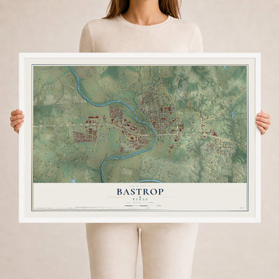 Map of Bastrop, Texas, 24 x 36 inch print in a white wood frame