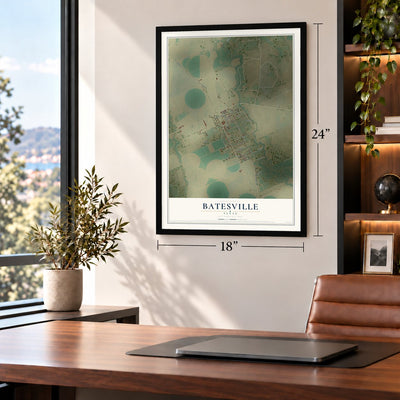 Batesville, Texas map, 18 x 24 inch print in a black frame in a home office