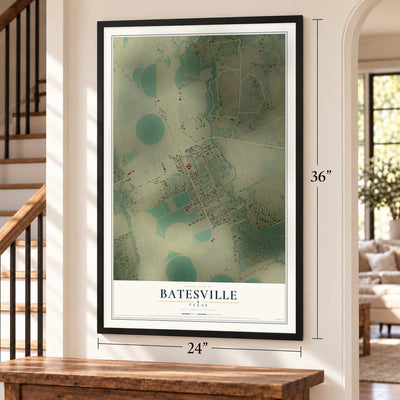 Batesville, Texas map, 24 x 36 inch print in a black frame by a staircase