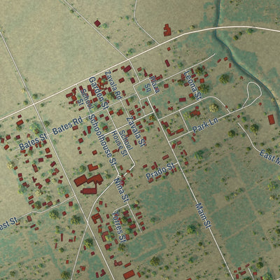 Close-up of the map of Batesville, Texas print showing street and building detail