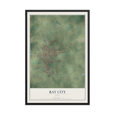 Map of Bay City, Texas, 12 x 18 inch print in a black wood frame