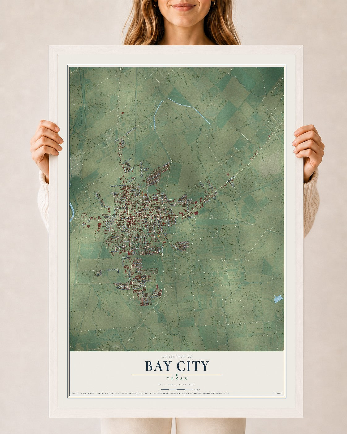Map of Bay City, Texas, 24 x 36 inch print in a white wood frame