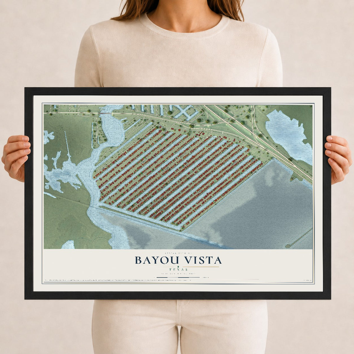 Map of Bayou Vista, Texas, 12 x 18 inch print in a black wood frame