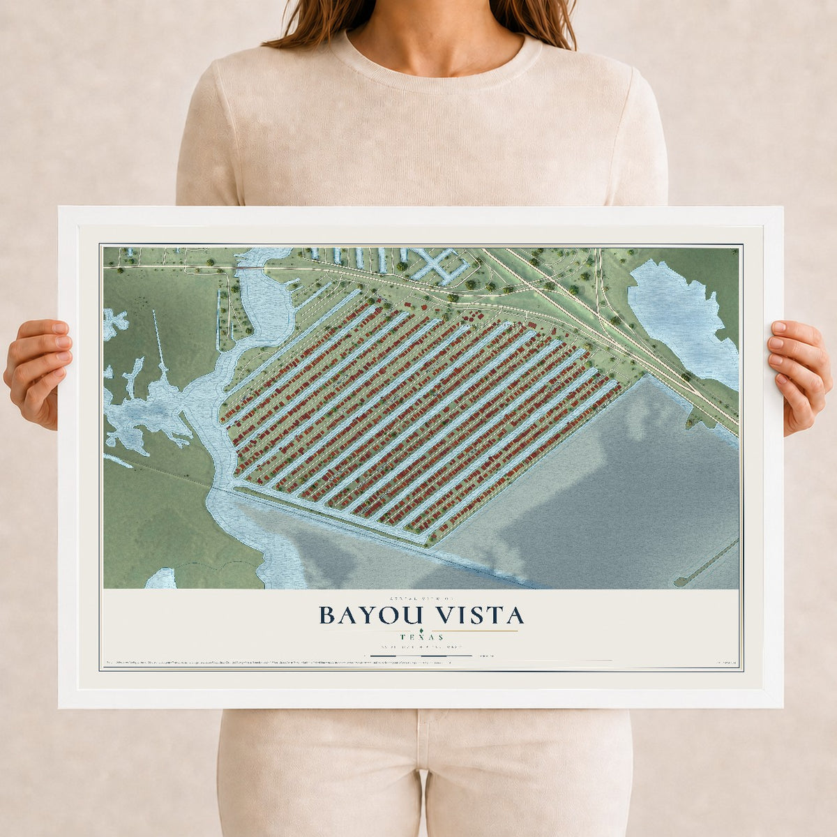 Map of Bayou Vista, Texas, 12 x 18 inch print in a white wood frame