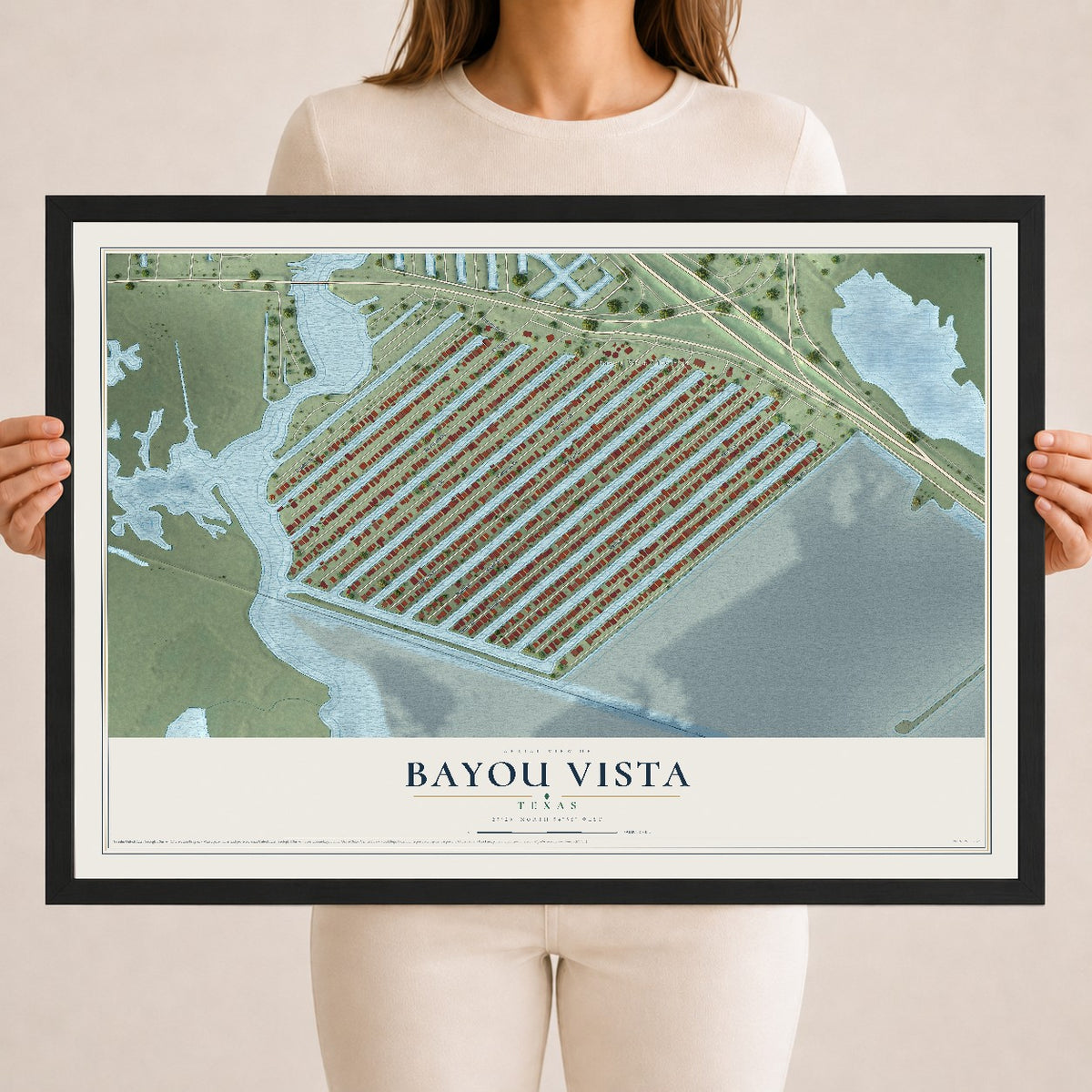 Map of Bayou Vista, Texas, 18 x 24 inch print in a black wood frame