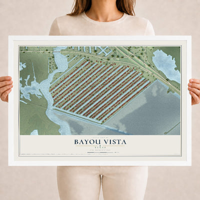 Map of Bayou Vista, Texas, 18 x 24 inch print in a white wood frame