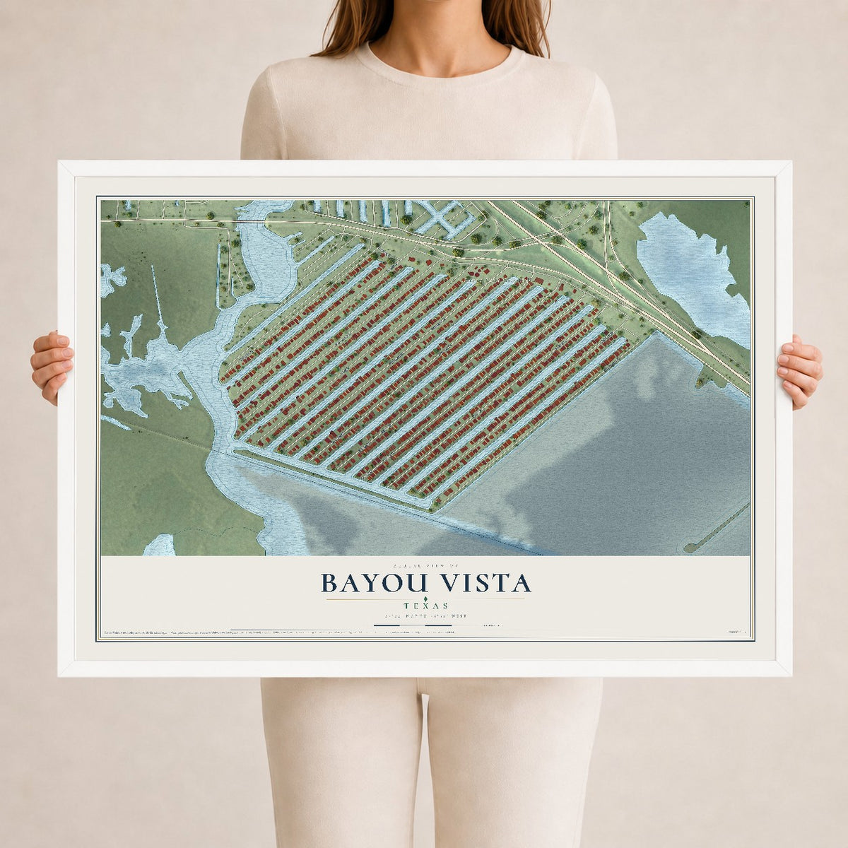 Map of Bayou Vista, Texas, 24 x 36 inch print in a white wood frame