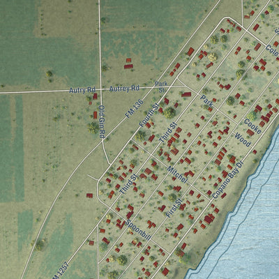 Close-up of the map of Bayside, Texas print showing street and building detail