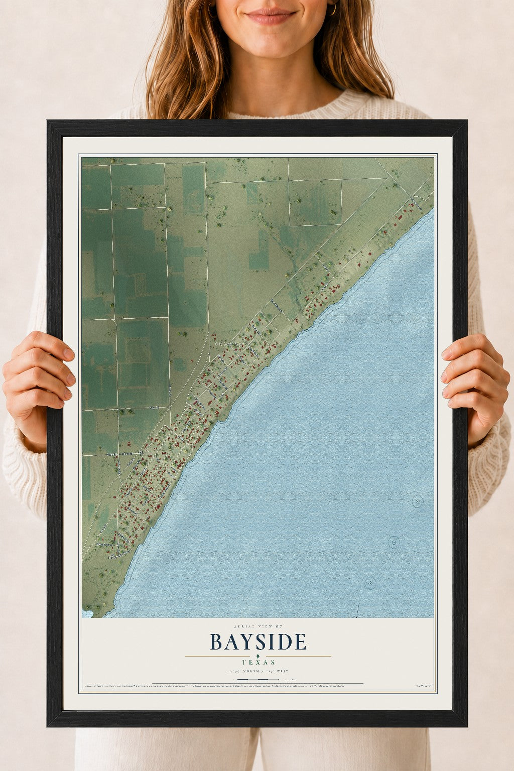 Map of Bayside, Texas, 18 x 24 inch print in a black wood frame