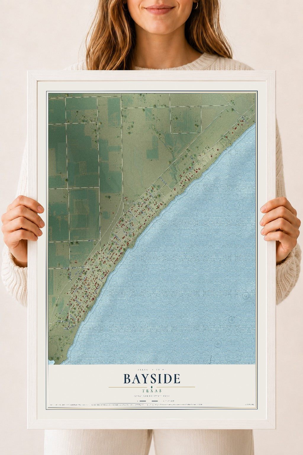Map of Bayside, Texas, 18 x 24 inch print in a white wood frame