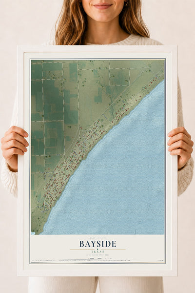 Map of Bayside, Texas, 18 x 24 inch print in a white wood frame