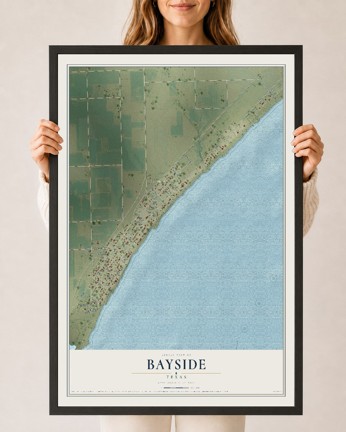 Map of Bayside, Texas, 24 x 36 inch print in a black wood frame