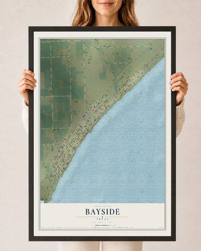 Map of Bayside, Texas, 24 x 36 inch print in a black wood frame