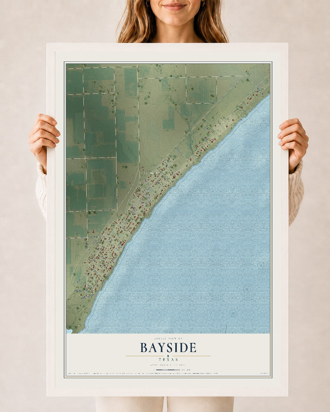 Map of Bayside, Texas, 24 x 36 inch print in a white wood frame