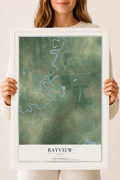 Map of Bayview, Texas, 18 x 24 inch print in a white wood frame
