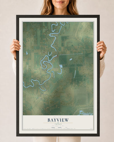 Map of Bayview, Texas, 24 x 36 inch print in a black wood frame