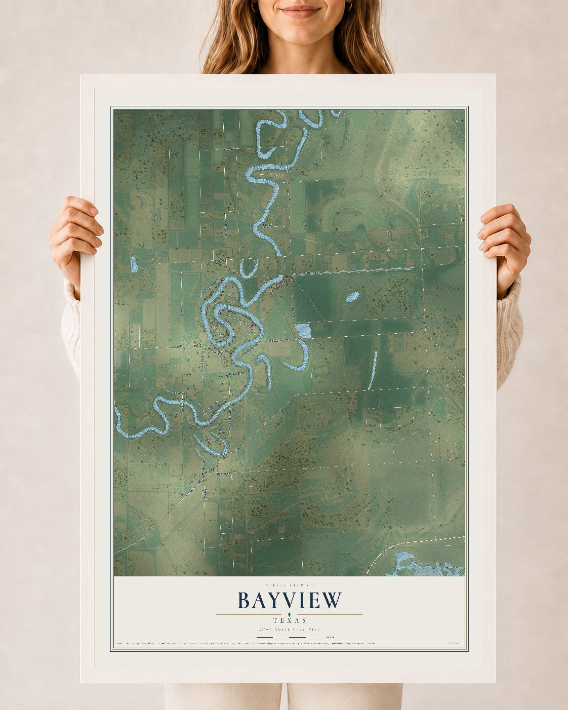 Map of Bayview, Texas, 24 x 36 inch print in a white wood frame