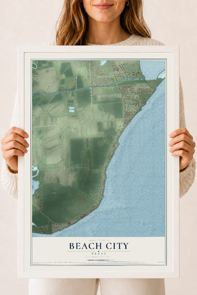 Map of Beach City, Texas, 18 x 24 inch print in a white wood frame