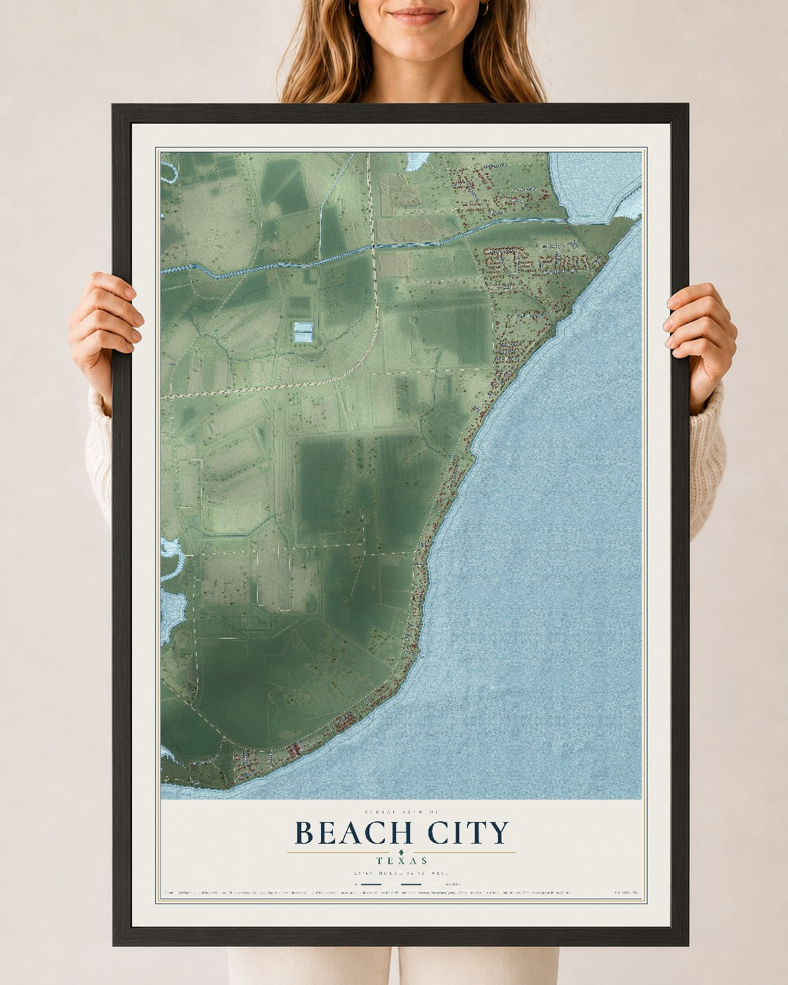 Map of Beach City, Texas, 24 x 36 inch print in a black wood frame