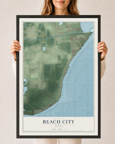 Map of Beach City, Texas, 24 x 36 inch print in a black wood frame