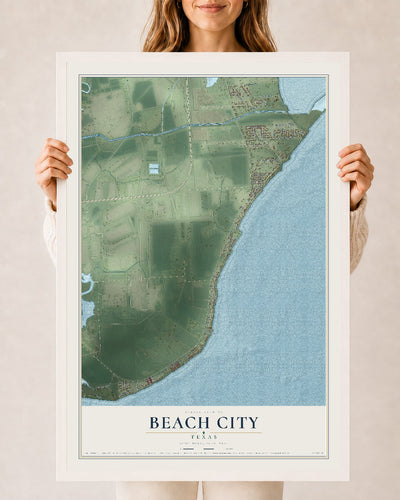 Map of Beach City, Texas, 24 x 36 inch print in a white wood frame
