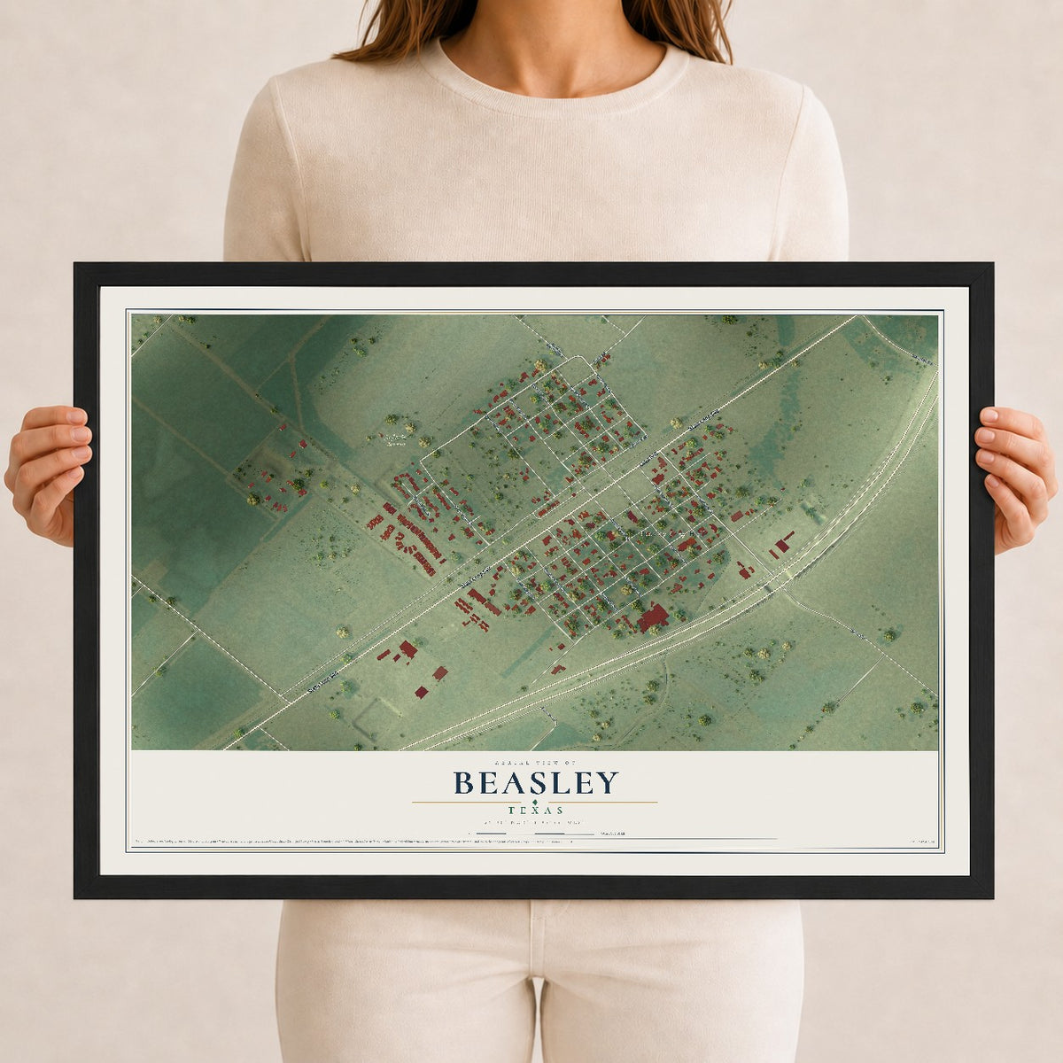 Map of Beasley, Texas, 12 x 18 inch print in a black wood frame