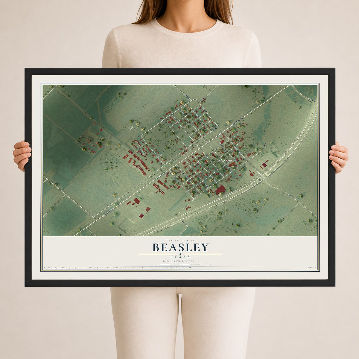 Map of Beasley, Texas, 24 x 36 inch print in a black wood frame