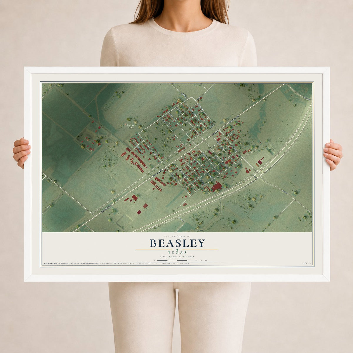 Map of Beasley, Texas, 24 x 36 inch print in a white wood frame