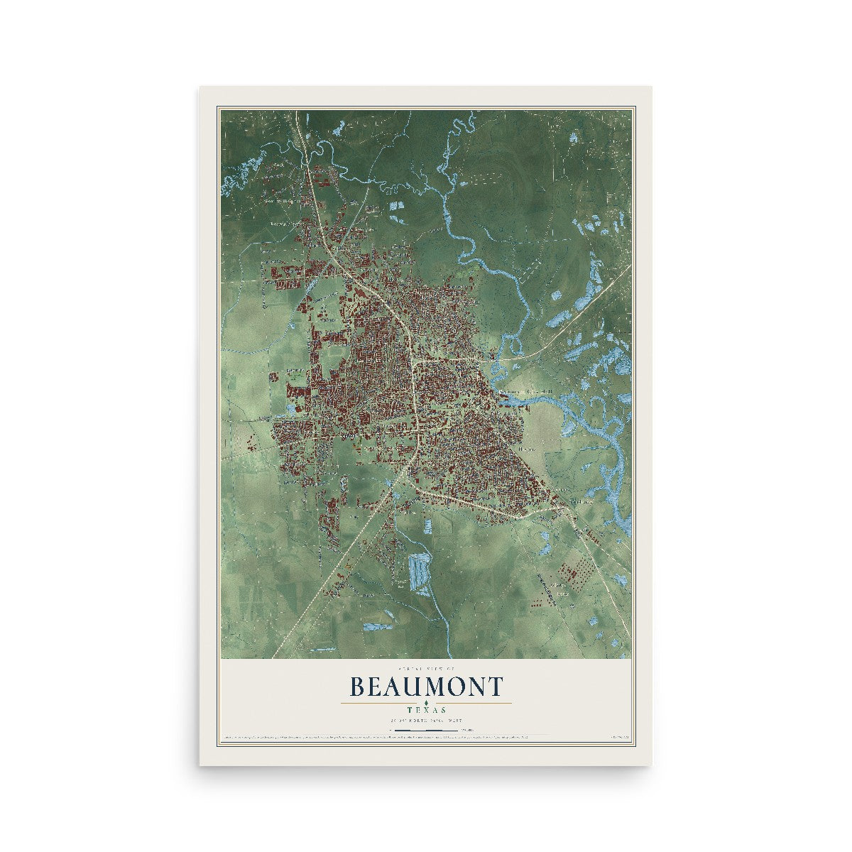 Map of Beaumont, Texas, 12 x 18 inch unframed archival matte print