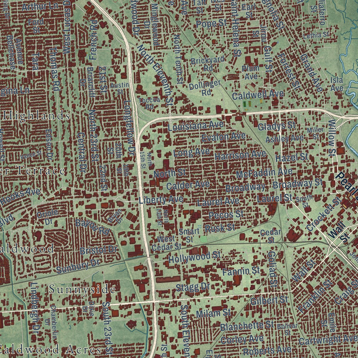 Close-up of the map of Beaumont, Texas print showing street and building detail