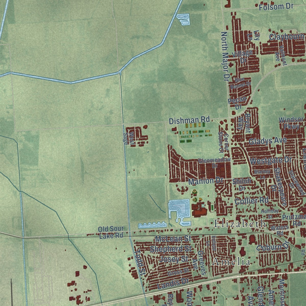 Second close-up of the map of Beaumont, Texas print showing more streets and buildings