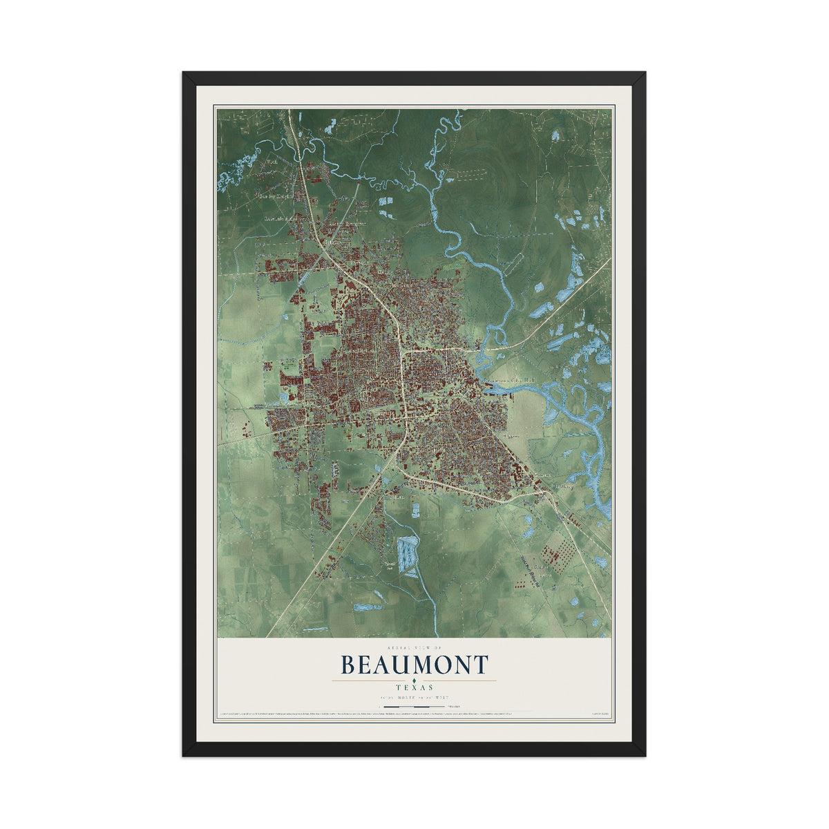 Map of Beaumont, Texas, 12 x 18 inch print in a black wood frame