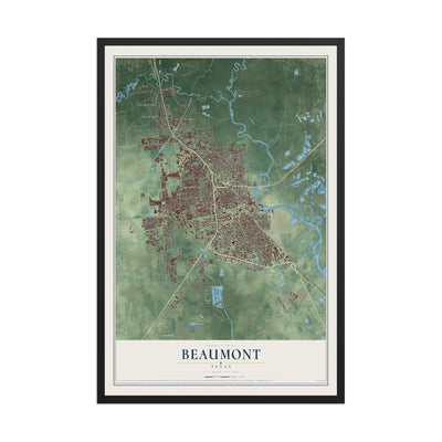 Map of Beaumont, Texas, 12 x 18 inch print in a black wood frame