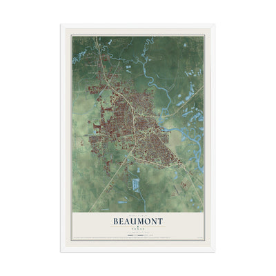 Map of Beaumont, Texas, 12 x 18 inch print in a white wood frame