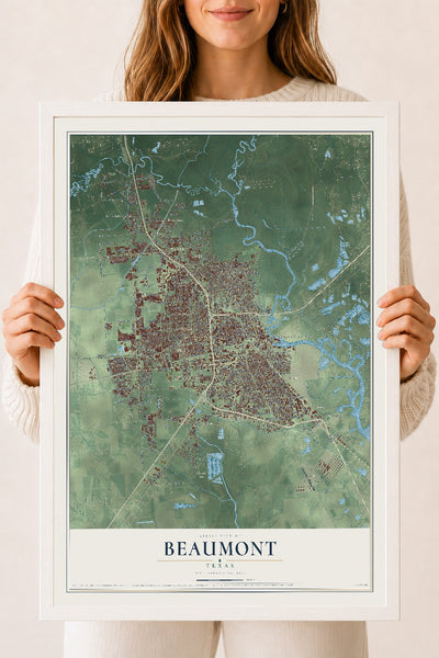 Map of Beaumont, Texas, 18 x 24 inch print in a white wood frame