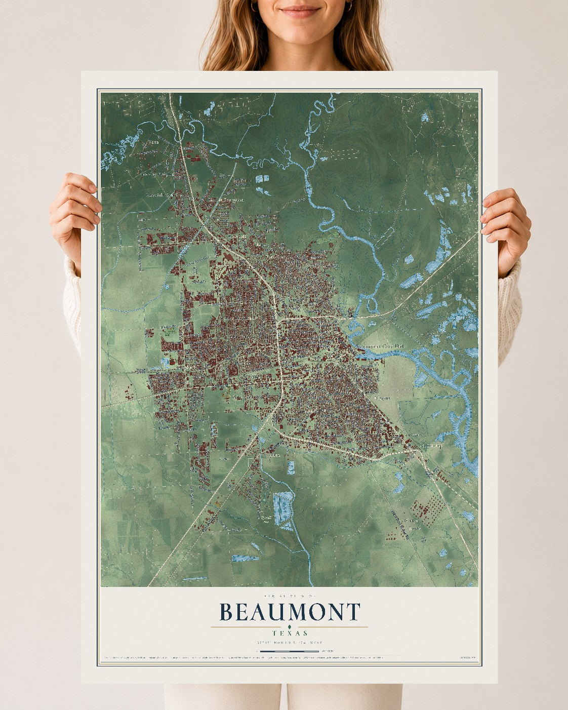 Map of Beaumont, Texas, 24 x 36 inch unframed archival matte print